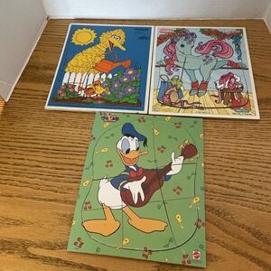 2 Playskool Puzzles Big Bird 1979 & My Little Pony 1997; 1MattelDonald Duck Wood